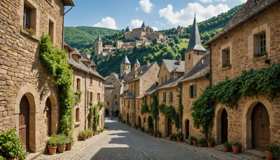 Aveyron middeleeuwse dorpen : kerken, geplaveide straatjes en uitzichten met camping lac aux oiseaux